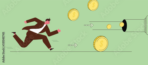 Chasing profit. Business vector illustration
Greedy businessman running to grab money coin trail. Running away money in the tube.
