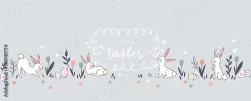 Cute hand drawn easter bunnies horizontal seamless pattern, easter doodle background, great for textiles, banners, wallpapers, wrapping - vector design