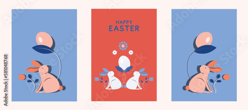 Happy Easter Set of banners with bunny and easter eggs on blue and orange background,greeting cards, posters, holiday covers.Modern art minimalist style