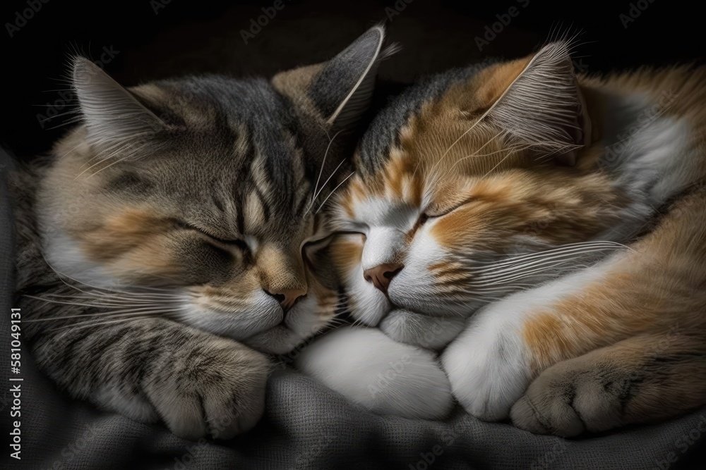 Two Adorable Cats Sleeping Together. AI generate