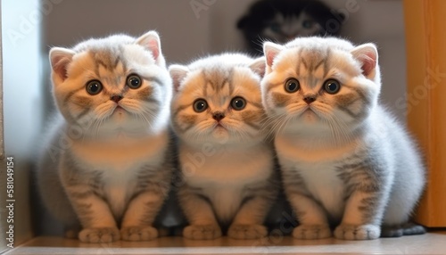 Three Very Fat Scottish Fold Kittens in the House. AI generate