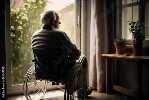 An elderly man sits in a wheelchair in a nursing home and looks out the window at nature, breathes fresh air, loneliness. Generative AI. © VICHIZH
