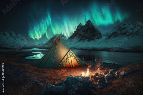 Northern lights near a lake in the mountains, in the foreground a tent and a fire. AI generative.