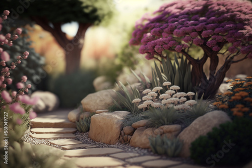A beautiful landscape of plants and flowers. Generative AI