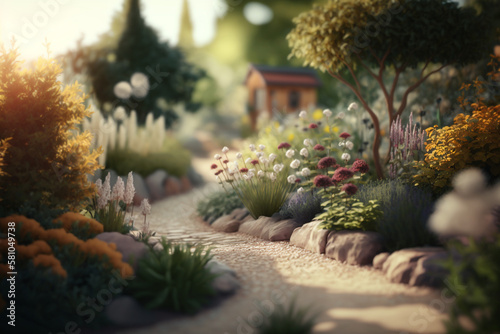 A beautiful landscape of plants and flowers. Generative AI