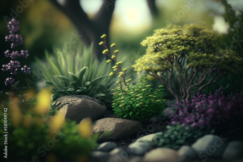 A beautiful landscape of plants and flowers. Generative AI