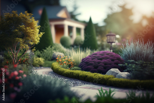 A beautiful landscape of plants and flowers. Generative AI