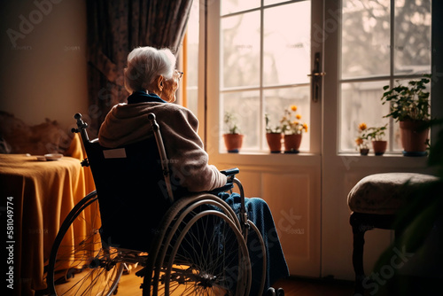 An elderly woman sits in a wheelchair in a nursing home and looks out the window at nature, breathes fresh air, loneliness. Generative AI. © VICHIZH