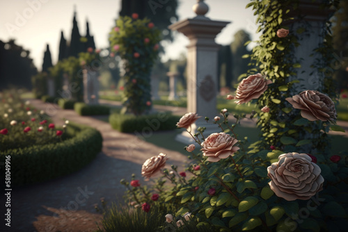 A beautiful landscape of plants and flowers. Generative AI