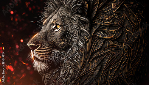 Lion, the head of a lion on a black background.
Lion with fire particles. (ID: 581049919)