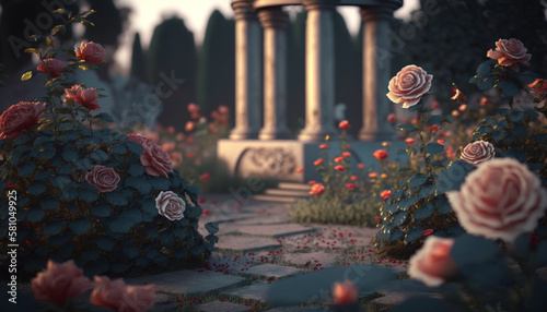 A beautiful landscape of plants and flowers. Generative AI