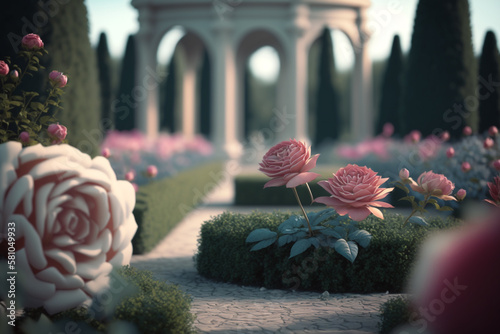 A beautiful landscape of plants and flowers. Generative AI