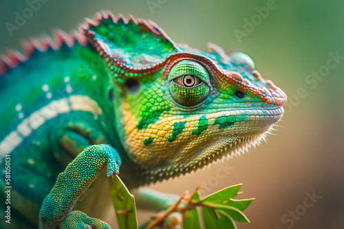 Green chameleon with textured skin close-up, blurred tropical background. Multi-colored skin of a chameleon in nature. Generative AI.