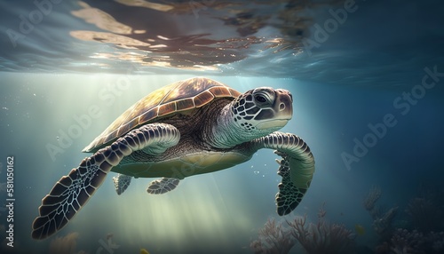 Green sea turtles are swimming in the stunningly pure water among the vibrant coral reef. Generative Ai.