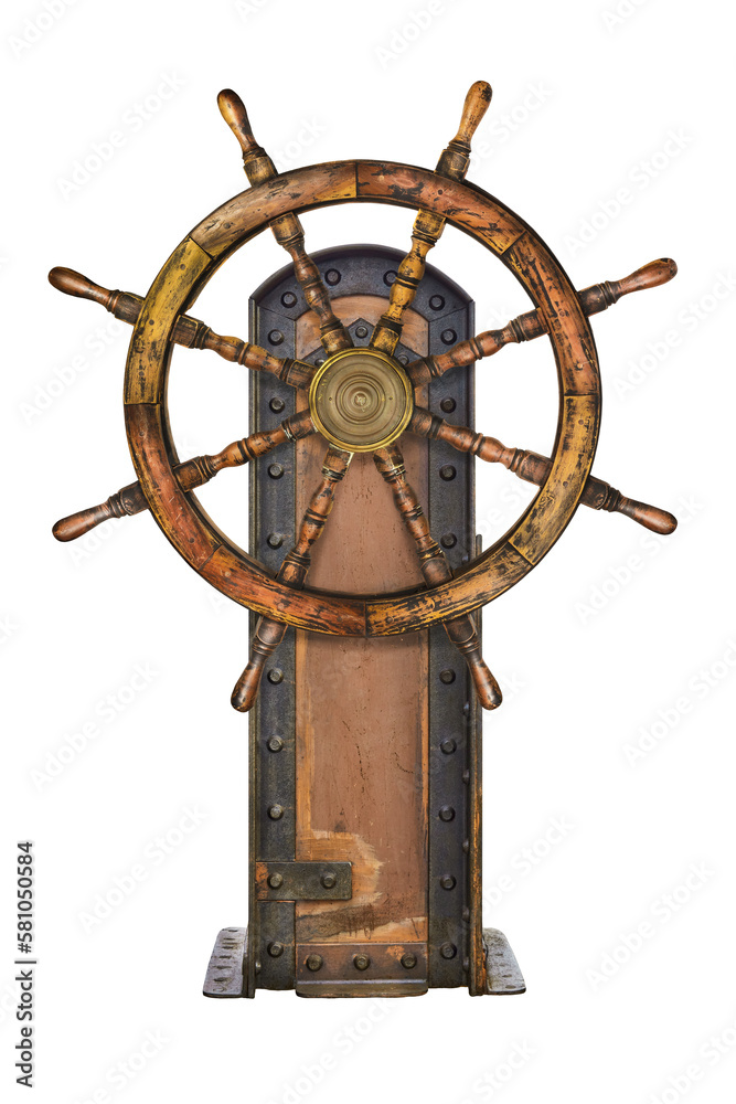 Vintage wooden ship steering wheel isolated on white