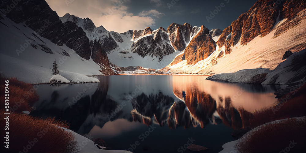 paysage d'un lac au pied de montagnes enneigées