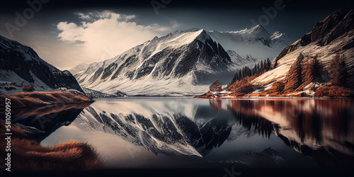 paysage d'un lac au pied de montagnes enneigées © David