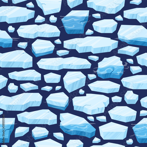 Cartoon floating ice seamless pattern. Frozen arctic blocks of ice, icebergs pieces and glaciers. Blue ice crystals floating in water vector background illustration