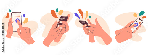 Cartoon hands holding smartphone. Human hand touch screen, mobile phones users. Fingers scrolling and tapping device screens flat vector illustration set