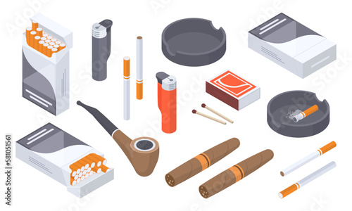 Isometric smoking accessories. Nicotine smoke, tobacco cigarettes, pipe, cigar, matches box and lighter 3d vector illustration collection