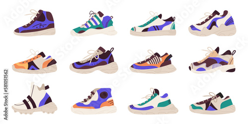 Flat trendy sneakers. Moden fitness training shoes, stylish sportswear. Casual male and female footwear flat vector illustration set