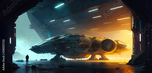 Fototapeta Naklejka Na Ścianę i Meble -  A sci-fi hanger or base, a space ship in the landing area getting maintenance or repairs. Generative AI.