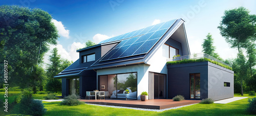 Renewable energy house, home renewable energy systems. A modern house with solar panels on the roof. Solar power and Solar heating concept. Generative AI.  photo