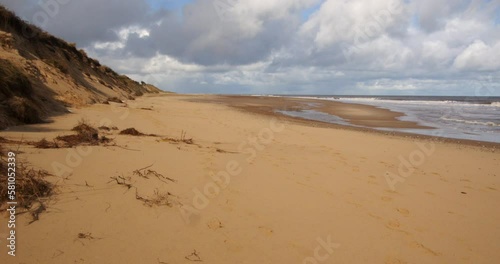 Hemsby Beach and Sandunes, with sea on top third. Wide shot photo