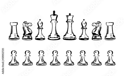 Silhouettes of chess pieces. Chessboard. Black and white. Chess icons. Vector chess isolated on white background. Playing chess on the Board. King, Queen, rook, knight, Bishop, pawn