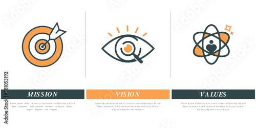 Mission vision values infographic banner template company goal infographic design with flat icon