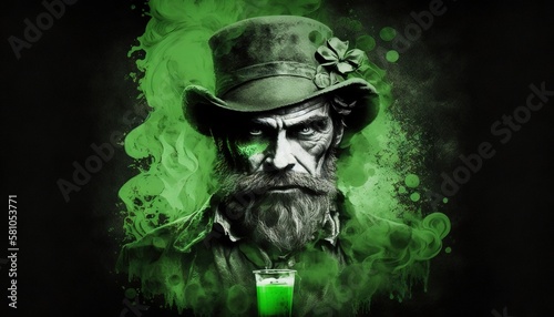 St. Patrick's day background. Leprechaun ghost Man with green hat holding glass with green liquid generative ai 