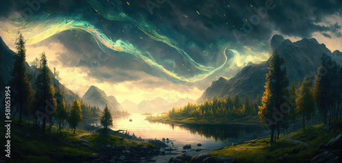 Polar light rays in spectacular colors of blue and green, autumn orange mountains landscape, aurora night sky storm, bright vivid lake reflections, pine tree woodlands - generative AI © SoulMyst