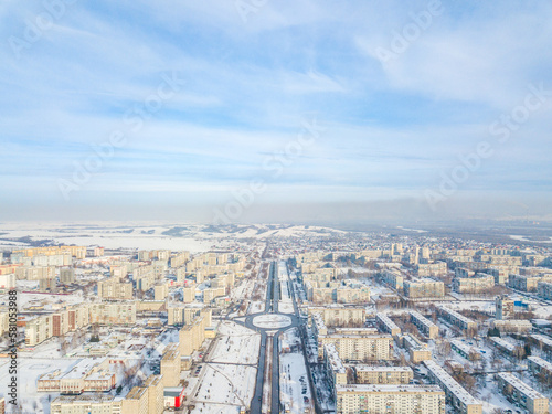 Novokuznetsk city district in winter from a bird's-eye view