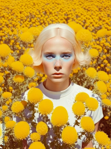 Retro style portrait of a beautiful blonde girl surrounded by yellow flowers in a flower field in spring. yellow tones. Illustration. Generative AI