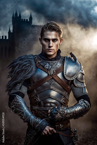Portrait of a blonde male knight in heavy metal armor. Standing in front of a medieval fantasy fortress. Generative AI