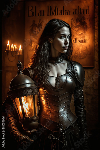 Portrait of a brunette female warrior in leather armor holding a lantern. Standing in a fantasy bar and looking at the camera. Generative AI