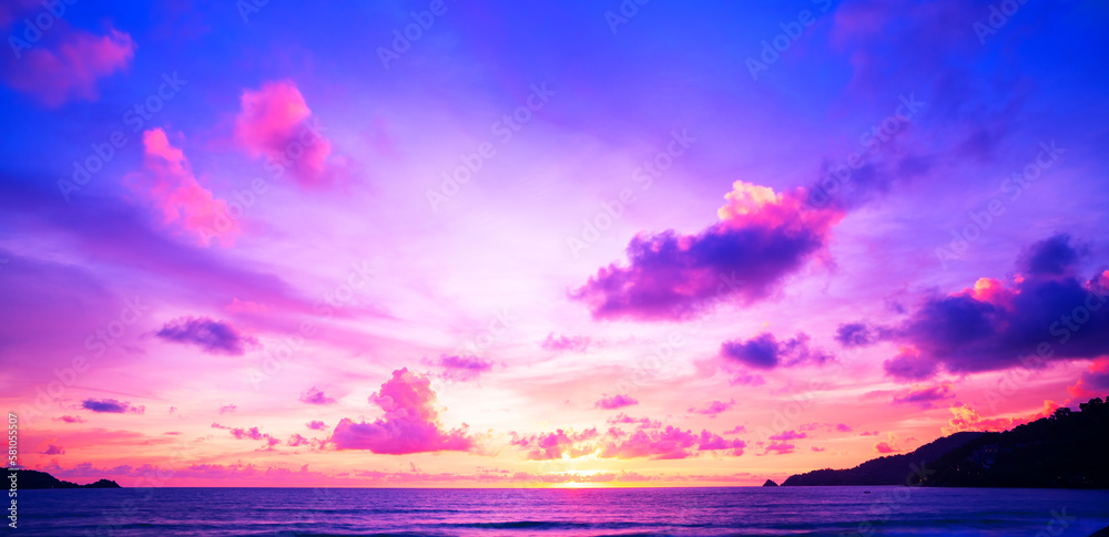 Sunset or sunrise sky clouds over sea sunlight in Phuket Thailand ,Amazing nature beach landscape seascape, Colorful sky background