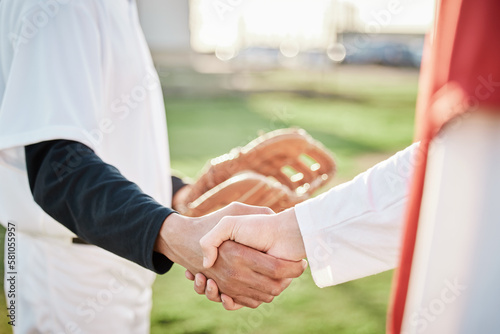 Photography People, sports or handshake for team greeting, introduction or respect on baseball field together