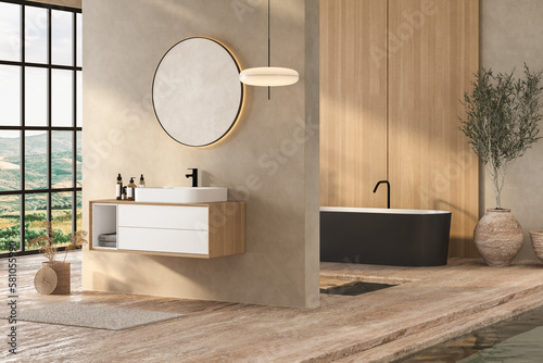 Bright minimal bathroom interior with white basin and oval mirror, bathtub, dry plants in vase, carpet on granite floor. Bathing accessories, pool. 3D rendering