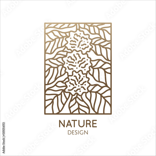 Flower logo of hydrangea. Floral emblem of hydrangea with inflorescences in linear style. Vector abstract badge for design of natural products, flower shop, cosmetics, ecology concepts, health, spa