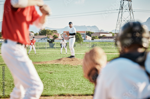 Men, pitcher or baseball player with glove in game, match or competition challenge on field, ground or stadium grass. Softball, athlete or sports people in pitching, teamwork collaboration or fitness