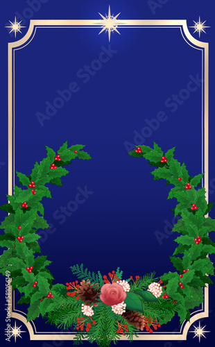 クリスマス☆縦型イラスト素材 柊のリースとフレーム 紺背景 色違い・差分有