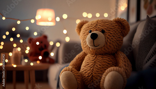 Teddy Bear Led plush Light in a living room, decoration serial lights in backdrop © datta