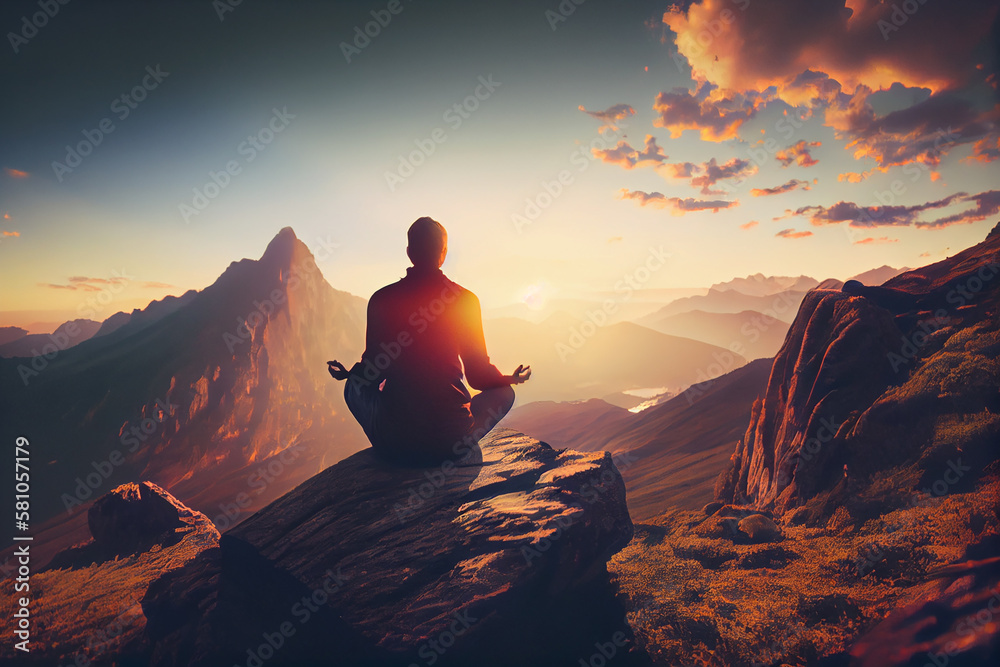 Person meditating on mountain top at sunset.generative a