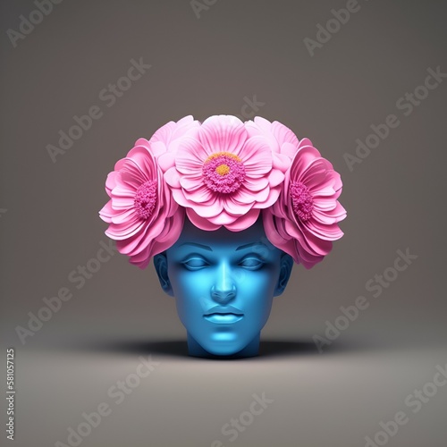 3D rendering of ancient female sculpture, white head with pink flowers. copy space. Abstract banner. Generative AI © Mykola