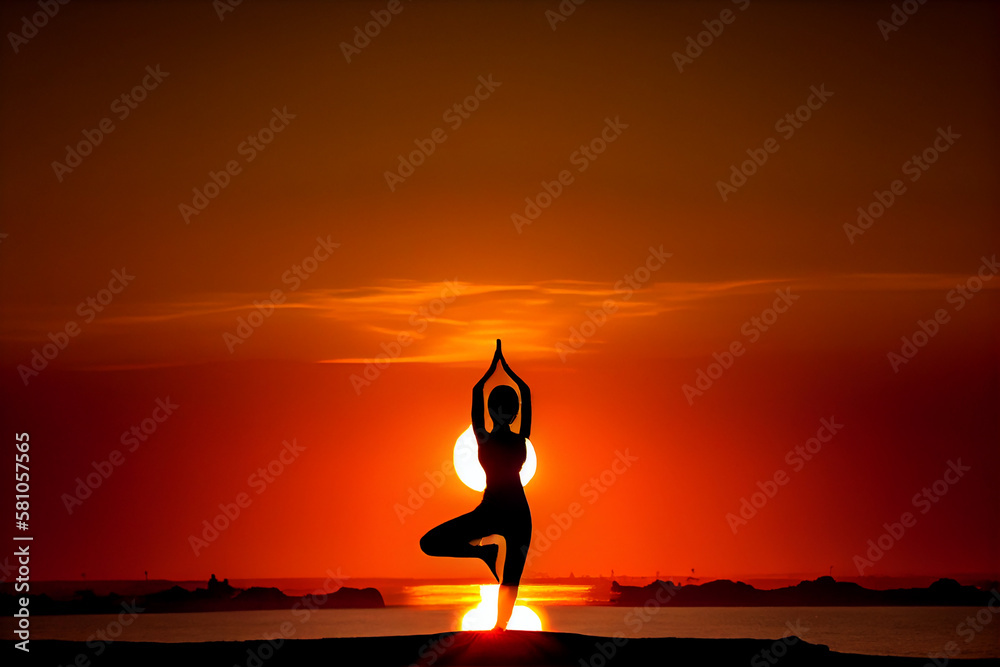 Young woman doing yoga on top of a mountain at sunset. generative ai