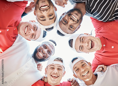 Portrait, funny or sports people in huddle with support, hope or faith on baseball field in game together. Teamwork, happy faces or group of excited softball athletes with goals, unity or motivation © Malik/peopleimages.com