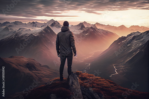 Portrait of a man with a backpack wearing a cap, walking on a foggy cloudy mountain path with a backpack. Healthy lifestyle concept, generative ai