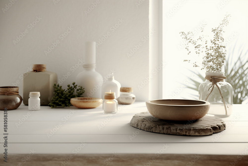 Wellness spa with zen stone on white room. Generate ai Wellness spa with zen stone on white room. Generate ai