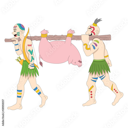 Primitive people are working together to hunt wild boars to eat